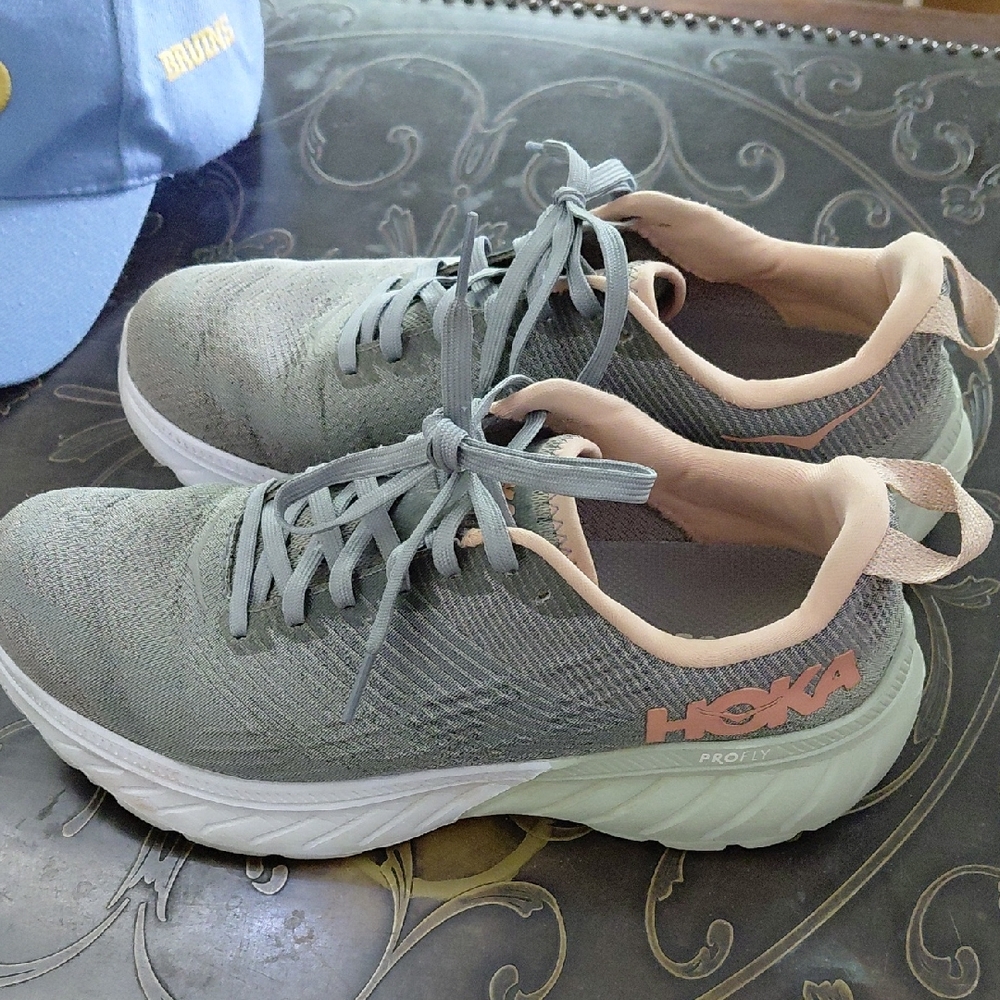 Hoka One One Gray and Peach Athletic Shoes